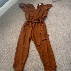 Evereve Rust Brown V-Neck Tie-Waist Jumpsuit